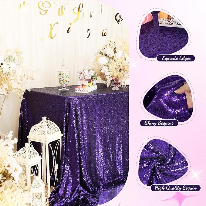 PartyDelight Sequin Tablecloth Purple Sparkly Table Cloth Rectangular 50"x80"