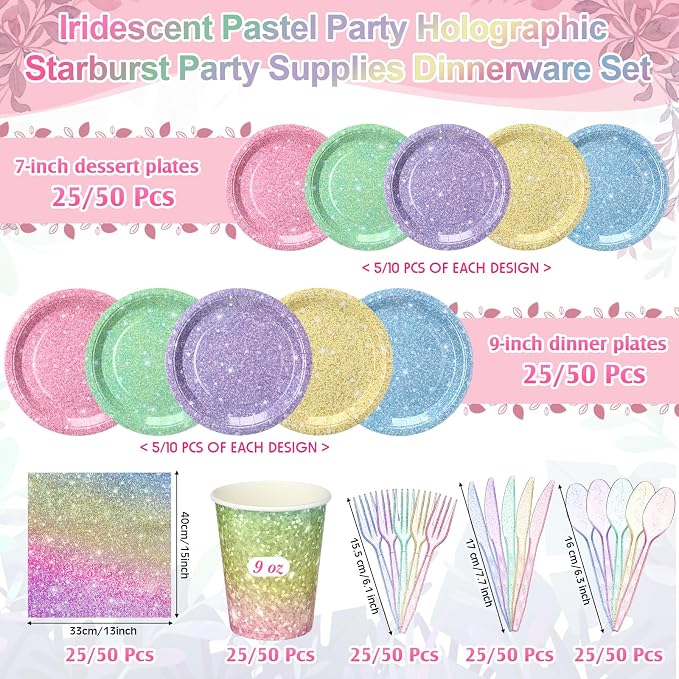 Hushee 175 Pcs 25 Guests Pastel Rainbow Paper Party Plates and Cups Napkins Sets Holographic Glitter Disposable Dinnerware Plastic Forks Knives Spoons Birthday Bachelorette Wedding Party Supplies