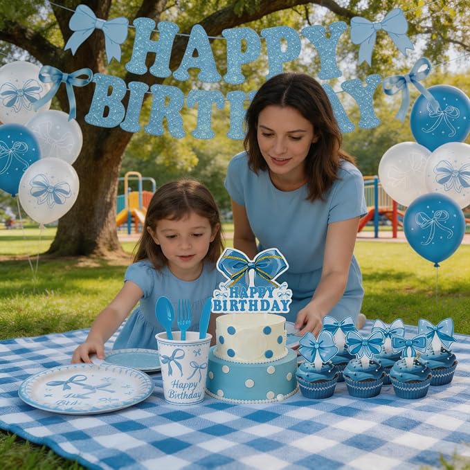 186pcs Blue Birthday Party Supplies – Bow Knot Theme Disposable Tableware Kit with Happy Birthday Banner, Balloons, Plates, Cups, Utensils & Napkins for Girls Boys Party Decorations, Serve 20