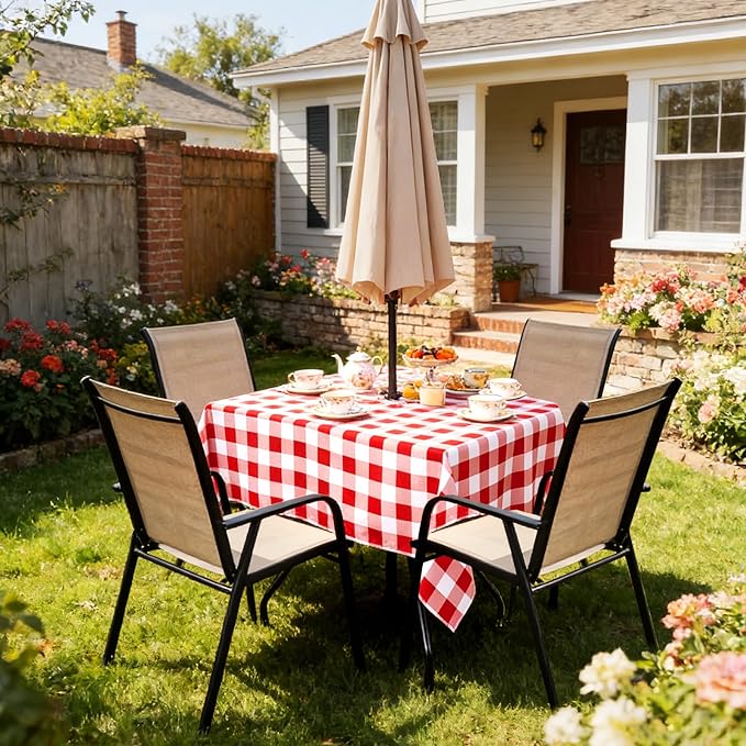 Poise3EHome Square Outdoor Tablecloth with Umbrella Hole and Zipper,Red Gingham 60x60 Inch,Polyester SpillProof Washable Table Cloth for Spring Summer Patio Garden Poolside Picnic Camping BBQS