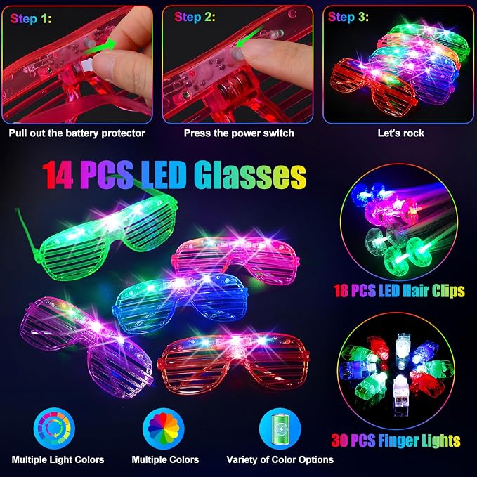 SHQDD 158 PCS Glow in the Dark Party Supplies, 14PCS LED Glasses, 30LED Finger Lights,14LED Light Hairs and 100PCS Glow Sticks Bracelets, Neon Party Favors for Wedding, Concert, 4th of july, Halloween