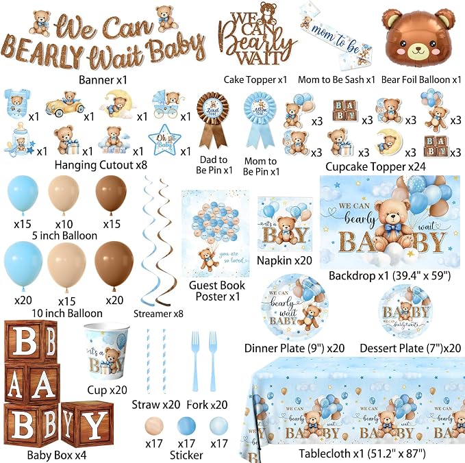 Blue Bear Baby Shower Decorations for Boy, All-in-1 Bear Party Decorations with Balloon Arch Kit Wood Grain Baby Boxes Plates Napkins Cake Toppers Tablecloth Backdrop Blue and Brown Baby Shower Decor
