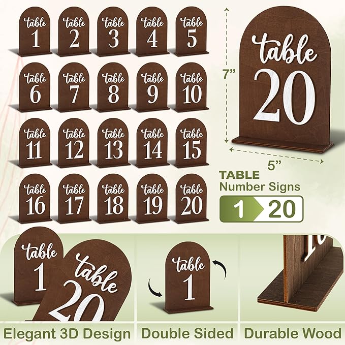 Woodamore Wedding Table Numbers 1-20, Wood Table Numbers For Wedding Reception 1-20, Restaurant Tables Number Signs With Stands, Wooden Tables Markers For Event, Party, Centerpiece