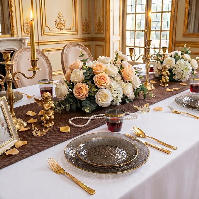 175PCS Black and Gold Plastic Dinnerware Set for 25 Guests, Disposable Plates for Party, Include: 25 Dinner Plates, 25 Dessert Plates, 25 Pre Rolled Napkins with Gold Silverware, 25 Cups