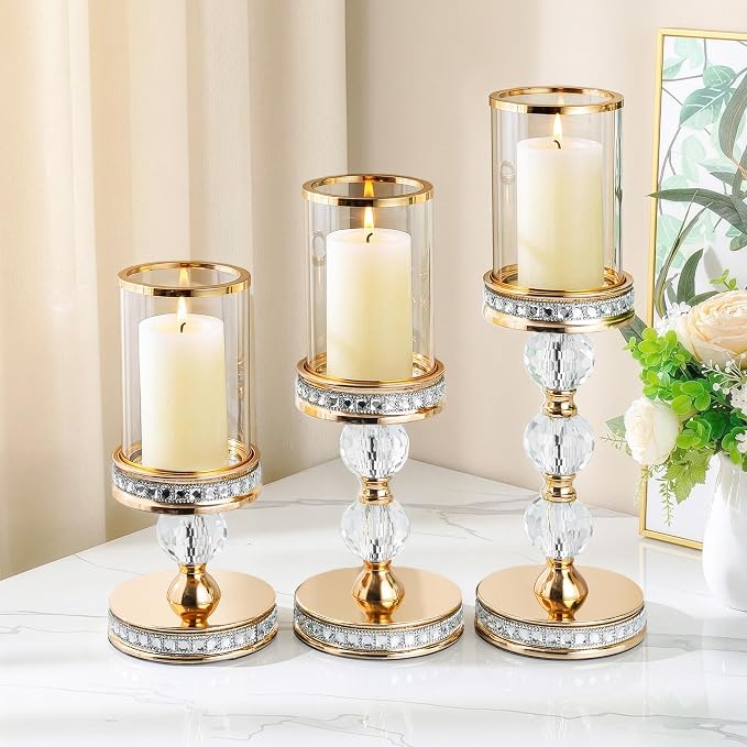 10" Tall Hurricane Candle Holder, Pillar Candle Holders with Glass Sleeve with Gift Box, Crystal Candle Stands for Home Warming, Weddiing, Dining Room Decor, Table Centerpiece (2, Gold, S)