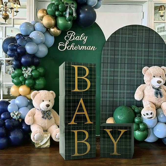 Vicenpal Blue Green Tartan Plaid Baby Shower Boxes with Letters for Baby Shower Decorations Bear Themed Gender Reveal Decoration Photo Prop & Forest Animal Nursery Decor Set of 4 Birthday Party Favors