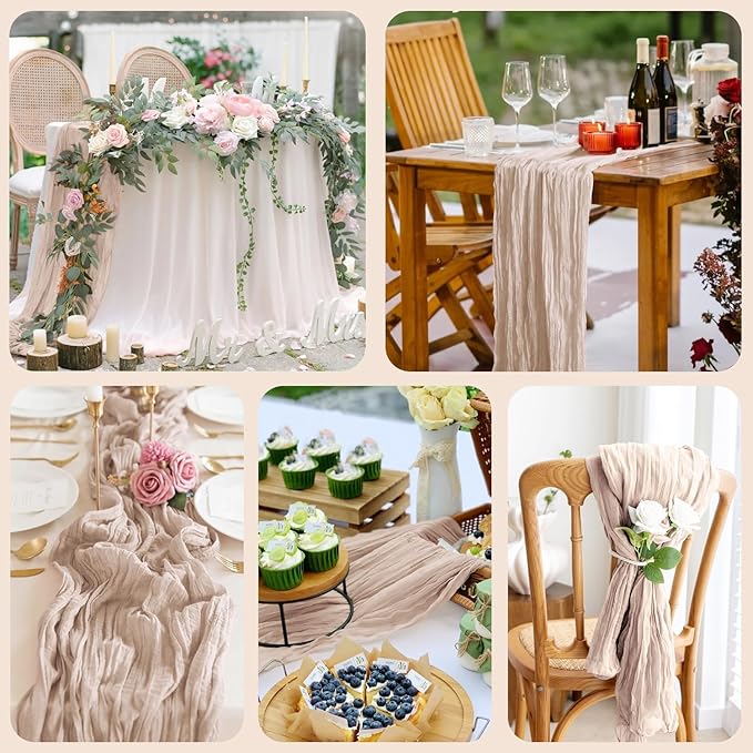 12PCS Table Runner Cheesecloth 10FT Nude Pink Boho Gauze Cheese Cloth Rustic Sheer Table Runners for Wedding Birthday Bridal Baby Shower Party Decoration