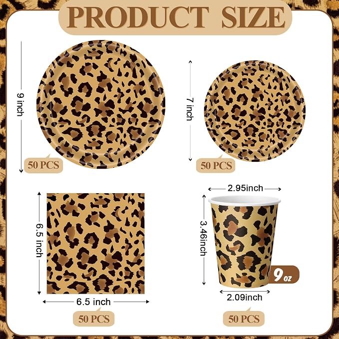 Funnymoom 250 Pcs Leopard Print Plates Napkins and Cups Cheetah Print Party Decoration Tableware Safari Animal Leopard for Birthday Baby Shower Party Favors Jungle Theme Supplies Serve 50 Guests