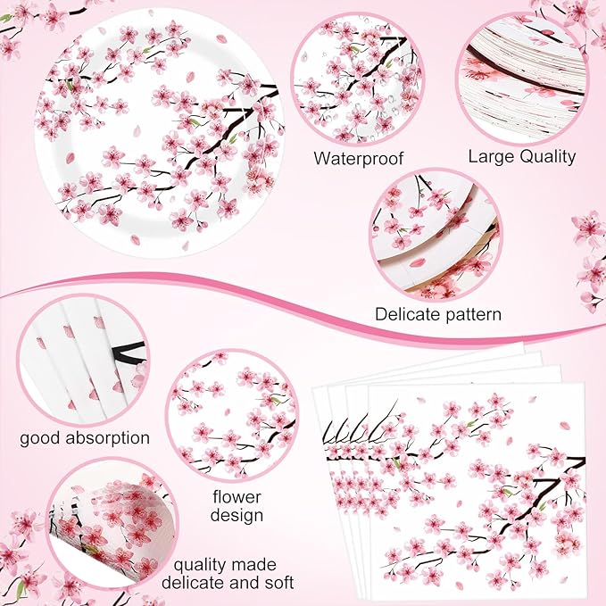 Funnymoom 452 Pcs Cherry Blossom Party Decorations Supplies Include Cherry Blossom Paper Plates Napkins Cups Tablecloth Cutlery Straws for Baby Shower Birthday Bridal Shower Wedding Party