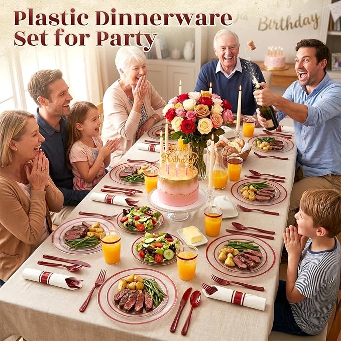 350pcs Plastic Plates for Party Clear & Red | Disposable Plastic Dinnerware Set for 50 Guests Include 100 Plastic Plates,50 Cups & 50 Pre Rolled Napkins with Cutlery Set