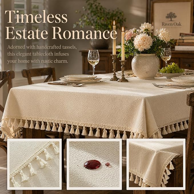 Beige Linen Tablecloth for Rectangle Tables 55x86 Inch | Waterproof Heavyweight Farmhouse Table Cloth with Tassel, Wrinkle Free Cover for Dining Party