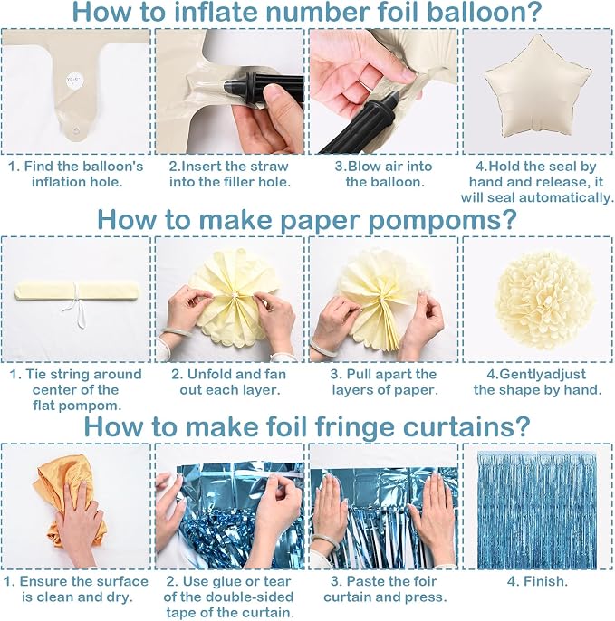 Dusty Blue 12th Birthday Party Decorations Boys Girls Beige Cream Number 12 Balloon with Blue Gold Happy Birthday Banner Fringe Curtain Paper Pom Poms Nude White Sand Champagne Star Foil Balloons
