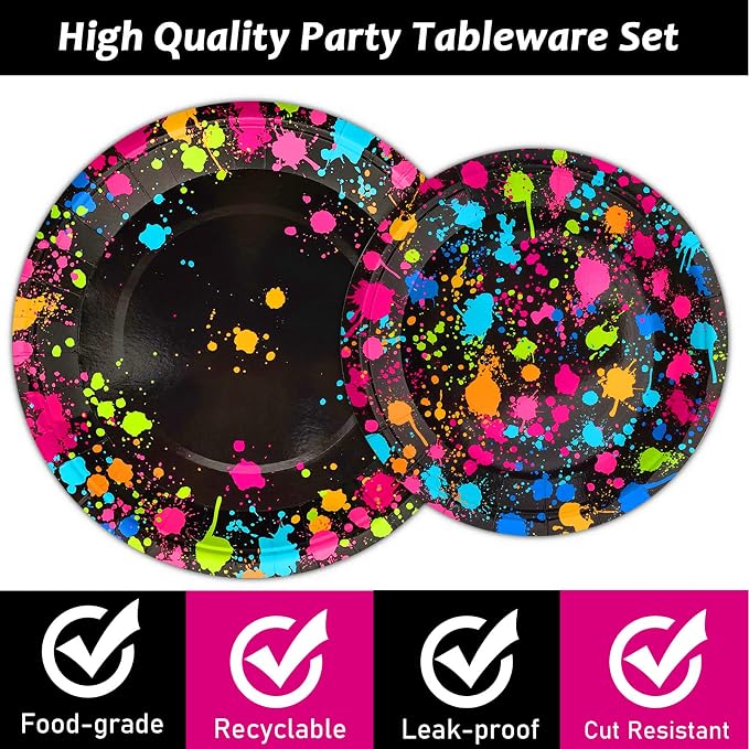 Neon Party Supplies for 24 Guests Neon Plates and Napkins Tableware Set Glow Disposable Paper Dinnerware Colorful Graffiti Birthday Party Decoration Favor Birthday Baby Shower Celebration，96 Pieces