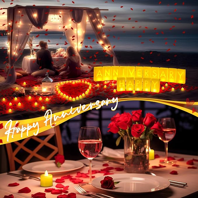 Aurelema 6088 Pcs Happy Anniversary Light up Letters with LED Flameless Tealight Candle Red Rose Petal Letter Luminary Paper Bag for Valentine's Day Decorations Proposal Romantic Special Night Decor