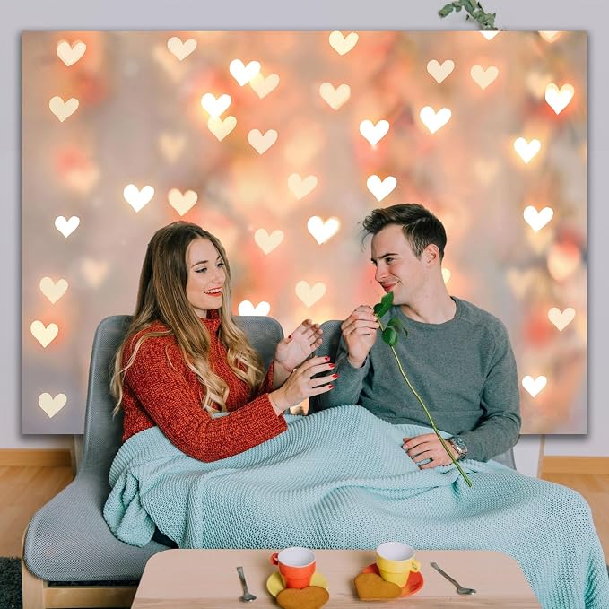 Romantic Heart Anniversary Backdrop 7x5ft Gold Heart Light Home Decorations for Couples Date Night Wedding Engagement Birthday Party Photo Booth Background (82x59inch)