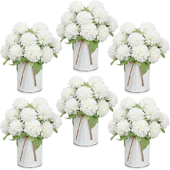 Pre-Made Flower Table Centerpieces, Set of 6 Artificial Silk Chrysanthemum with Farmhouse Metal Vases for Wedding, Birthday Parties, Home, Dining Table Decorations - Ivory White