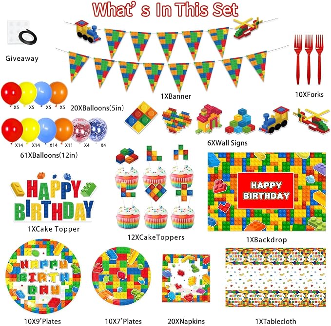 Building Block Birthday Party Decorations with Balloon Arch Kit, Banner, Backdrop, Wall Signs, Tablecloth, Plates, Napkins, Forks, Cake Topper, Cupcake Toppers
