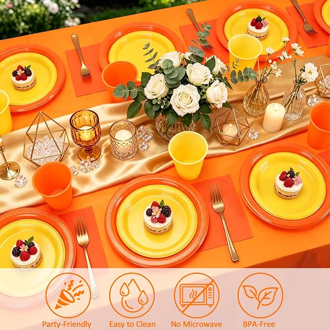 Fall Plastic Plates for Party,Disposable Orange and Yellow Party Supplies,50 of Each 9" Dinner,7" Dessert Plate,Napkins,Cups,Forks and 2 Tablecloth Dinnerware for Birthday & Fall Thanksgiving