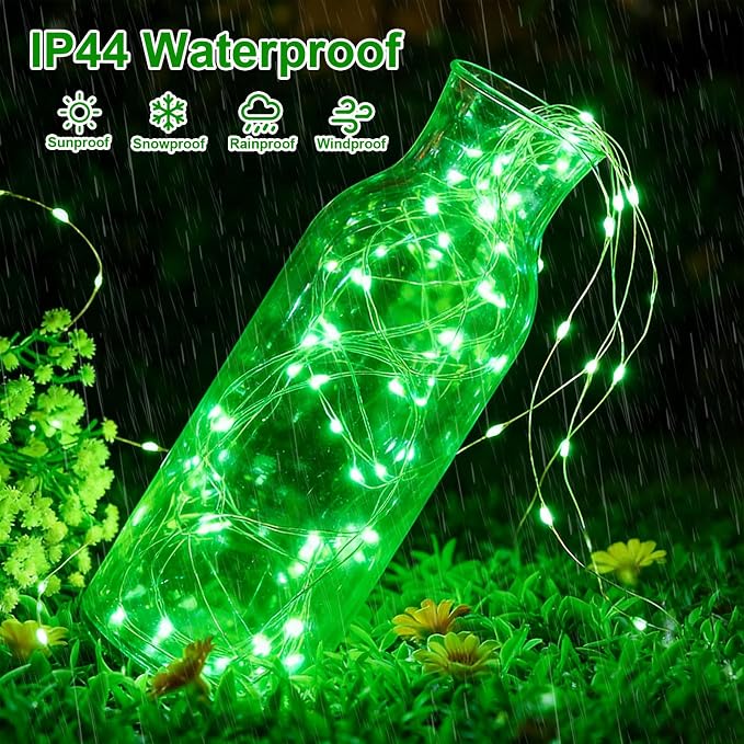 QITONG 4 Pack Solar Fairy Lights, Each 33ft 100 LED Green Halloween String Light Outdoor Waterproof, 8 Modes Silver Wire Christmas Twinkle Mini Lights
