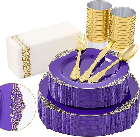 Fijinhom 350pcs Purple Plastic Plates, Elegant Disposable Dinnerware Set, 125 Pieces, White and Gold, Plates, Cups, Cutlery and Napkins (Purple, 50 Guests)