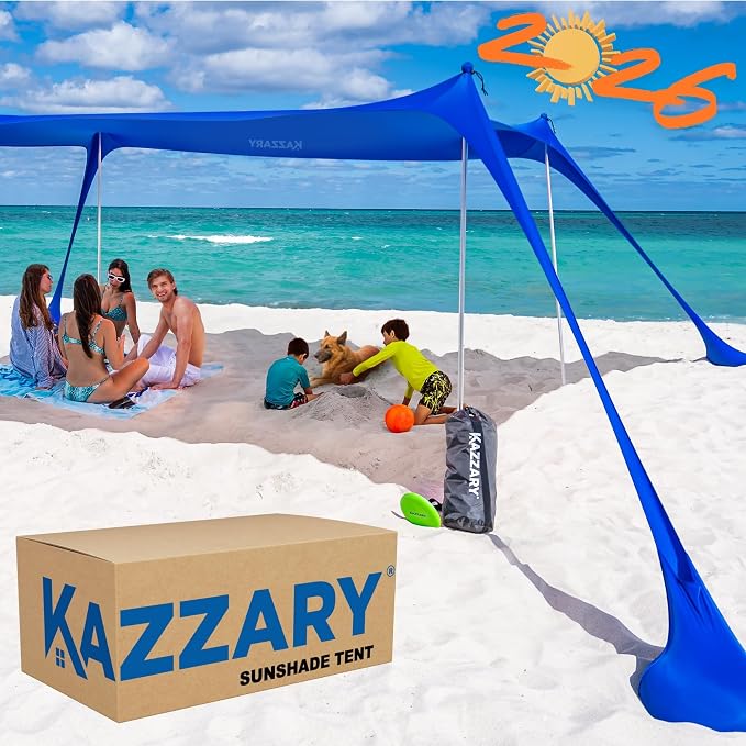 Beach Tent UPF50+ Sun Shade Canopy with Sandbags, 4 Stability Poles, Ground Pegs, Flying Disc Sand Shovel, Lightweight Sunshade Shelter, 7ft Tall for Outdoor Trips, Camping and Sports