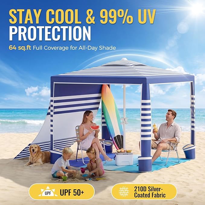 Beach Cabana, 8 x 8 ft Large Pop Up Beach Canopy Tent Sun Shelter for 6-8 Person Family, UPF 50+ UV Protection Beach Shade with Sidewall & Sandbags, Windproof Reinforced Poles for Beach Camping