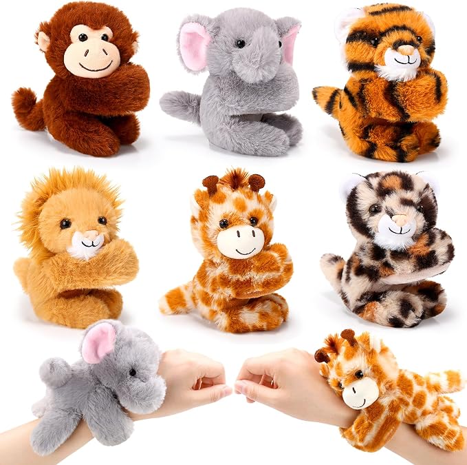 Gemscream 6 Pcs Stuffed Animal Slap Bracelets for Kids, 8 Inch Back to School Small Classroom Prizes Toy, Wrist Snap Bracelets Birthday Gifts for Boys Girls Pet Adoption Party Favors(Wild Animals)