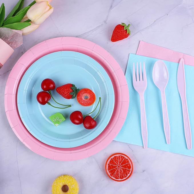 durony 350 Pieces Baby Gender Reveal Party Supplies Light Pink Light Blue Paper Plates Serve 50 Guests Boy or Girl Gender Reveal Plates Napkins Paper Cup Cutlery for 1st Birthday and Baby Shower Decor