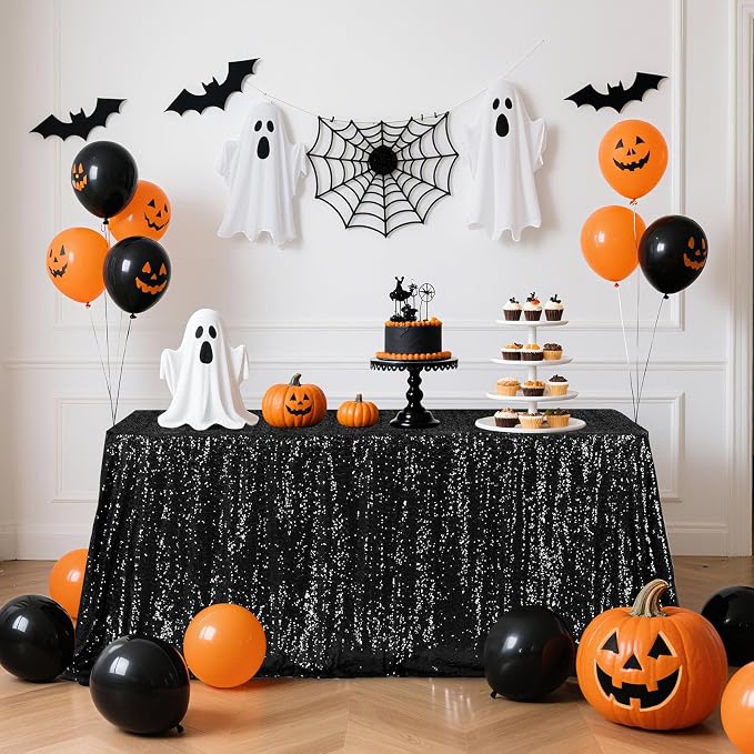 Poise3EHome Black Sequin Tablecloth 50×72 Inch Rectangle Table Cover Overlay for Birthday Halloween Party Holiday Baby Shower Decoration