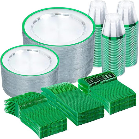 N9R 600PCS Green Plastic Dinnerware Set, Disposable Plastic Plates Includes 100 Dinner Plates, Dessert Plate, Cups, Spoons, Forks, Knives for 100 Guests, Perfect for Party, Wedding, Birthday