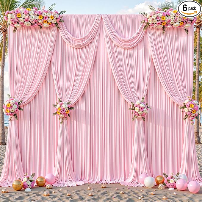 6 Panels Baby Pink Backdrop Curtains - Wrinkle Free Fabric Backdrop Curtain for Photoshoot, 10FT Wedding Party Photo Backdrop Drapes for Birthday Baby Shower Photography Stage Background Decorations