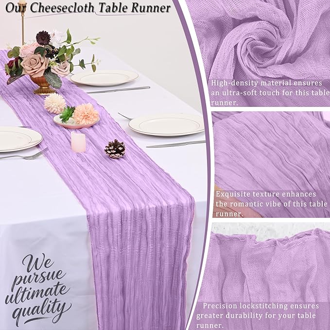 10 Pack Lavender Cheesecloth Table Runner 17x108 Inch Semi Sheer Boho Rustic Gauze Cheese Cloth Table Runners for Wedding Party Birthday Baby Shower Home Décor