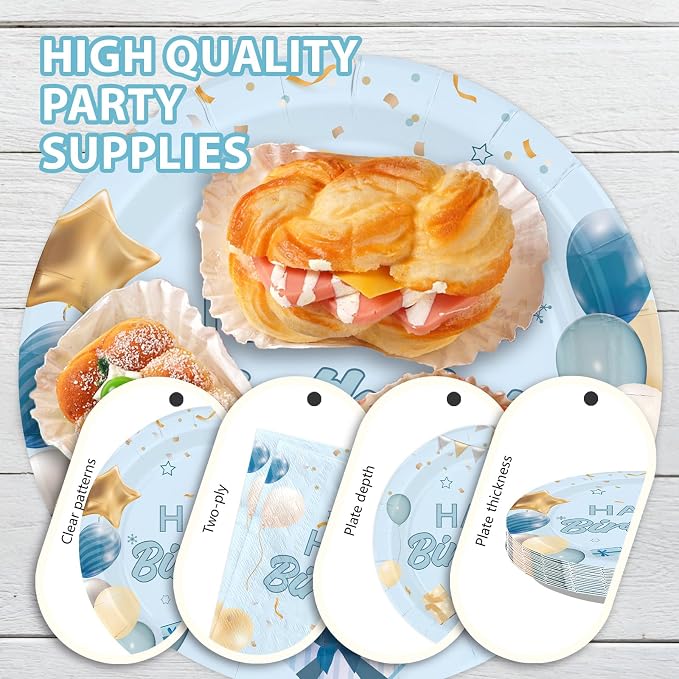 96Pcs Light Blue Birthday Decorations Preschool Graduation Blue Gold Plates and Napkins Tableware Set Happy Birthday Decorations for Boys Girls Father Baby Shower Pres-k Graduation Supplies Serves 24