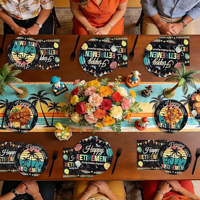 96Pcs Vintage Retirement Party Decorations Colorful Vintage Happy Retirement Plates and Napkins Tableware Sets Retired Themed Decorations for Men Women Retired Farewell Party Supplies Serves 24