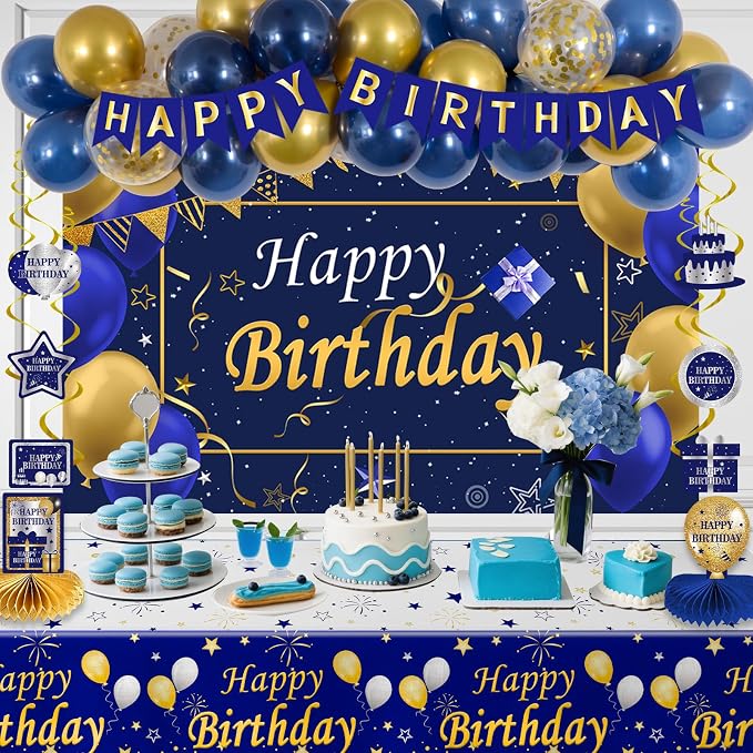 Blue and Gold Birthday Decorations, Brithday Party Decorations for Men Boys Women Girls with Blue Gold Happy Birthday Banner Decorations Tablecloth Backdrop Balloons Arch Bady Party Supplies