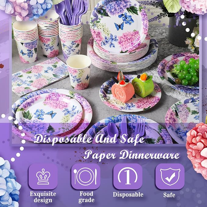 400 Pcs Hydrangea Flowers Spring Plates and Napkins Bridal Shower Plates and Napkins Sets Baby Shower Party Decorations Disposable Dinnerware Set