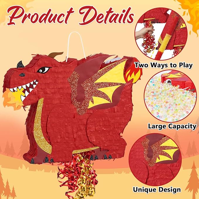 WERNNSAI Red Dragon Piñata - Dino Themed Piñata with Pull String, Stick and Blindfold, Piñata for Dragon Birthday Party Decorations Carnivals Games Supplies Summer Party (16.5"x12.4"x3")