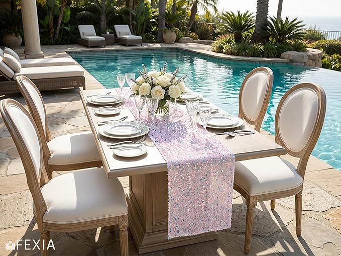 FEXIA Pink Sequin Table Runner 12x72 Inches, Sparkly Blush Table Runner for Wedding Party Shimmer Fabric Table Decoration for Bridal Shower Birthday Baby Shower Ocean Themed Party for Dining Room