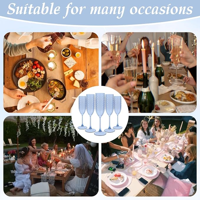 Pesonlook 48 Pack Plastic Champagne Glasses Blue Reusable Diamond Crystal Clear Wine Glasses Diamond Wine Cups Vintage Drinking Glasses for Wedding Reception, Grand Event Party Supplies