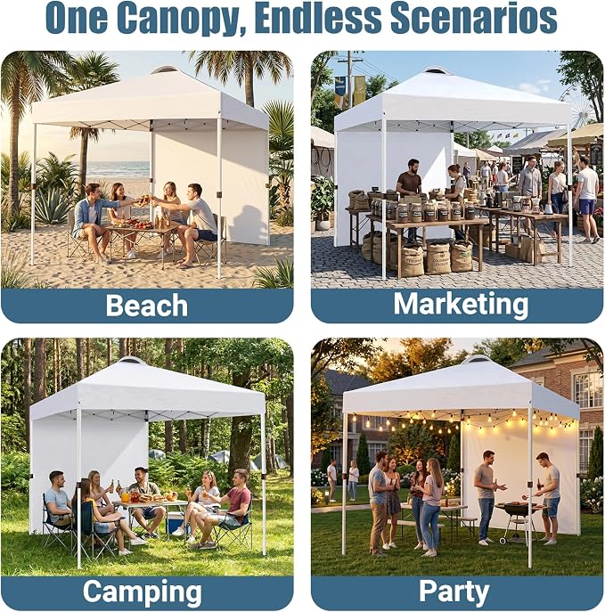 10x10 Pop Up Canopy Tent with One Sidewall, Instant Folding Outdoor Shelter with Air Vent, High Strength Steel Frame and Handheld Carry Bag for Backyard Party, Camping, White