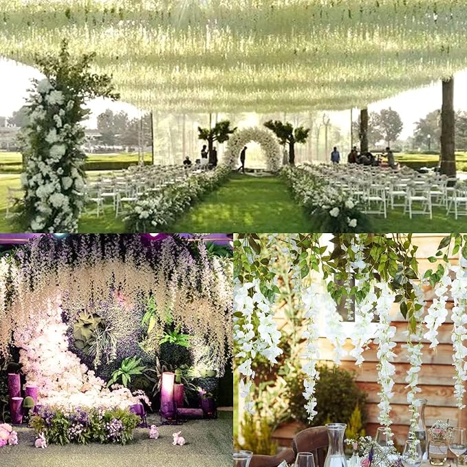 12 Pack Artificial Wisteria Hanging Flowers Fake Wisteria Flower Silk Vines Rattan Decor for Home Wedding Arch Wall Garden Greenery Bedroom Outdoor Office Party Decoration (White)