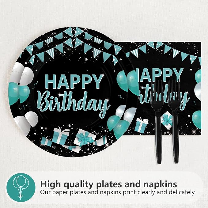 96 Pcs Happy Birthday Party Supplies Teal Blue and Black Decorations 350 GSM Disposable Turquoise Birthday Party Plates and Napkins Set Teal Blue Black Decorations for Graduations Kid Adults Serves 24