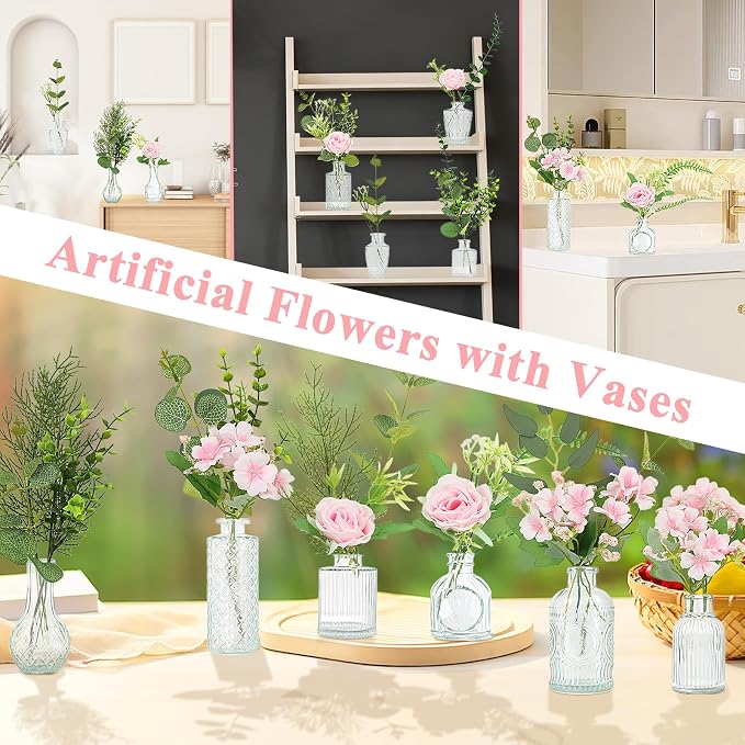WARMALL Artificial Flowers with Vases, 16 Pcs Bud Vases, & 81 Pcs Artificial Plants DIY Set Suitable for Centerpieces Table Weddings Party Office and Indoor Decor Mini Small Glass Clear(White)