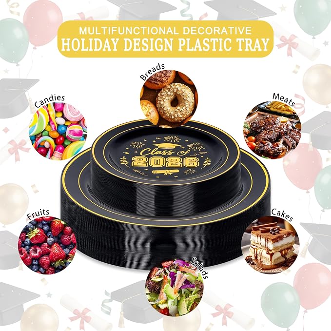 150 Pcs 2026 Graduation Plastic Plates with Disposable Silverware Serves 30 Guests, Black Gold Graduation Disposable Plates Including 30 Dinner&Dessert Plates, Cups, Napkins, Gold Forks for Party
