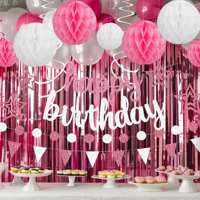 Pink Birthday Party Decorations Set - Pink and White Happy Birthday Banner Balloons Foil Curtains Hanging Swirls for Girls Birthday Party Supplies