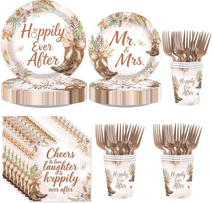 250Pcs Boho Cowgirl Bridal Shower Party Supplies Cheers to Love Laughter and Happily Ever After Plates and Napkins Tableware Set Wedding Decorations for Western Engagement Mr and Mrs Party Serve 50