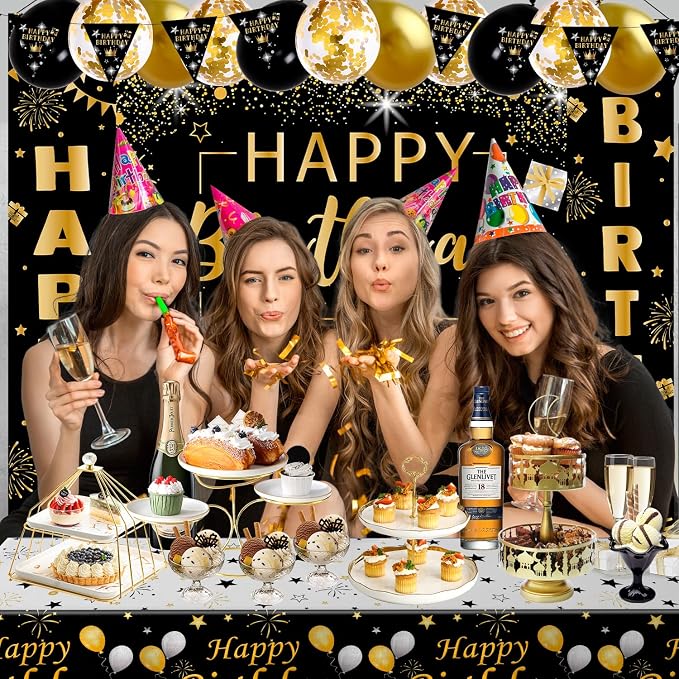 Black and Gold Birthday Decorations for Men Women | Black and Gold Party Decorations with Backdrop, Tablecloth, Confetti Balloons, Banner, Balloon Arch Kit for Birthday Party