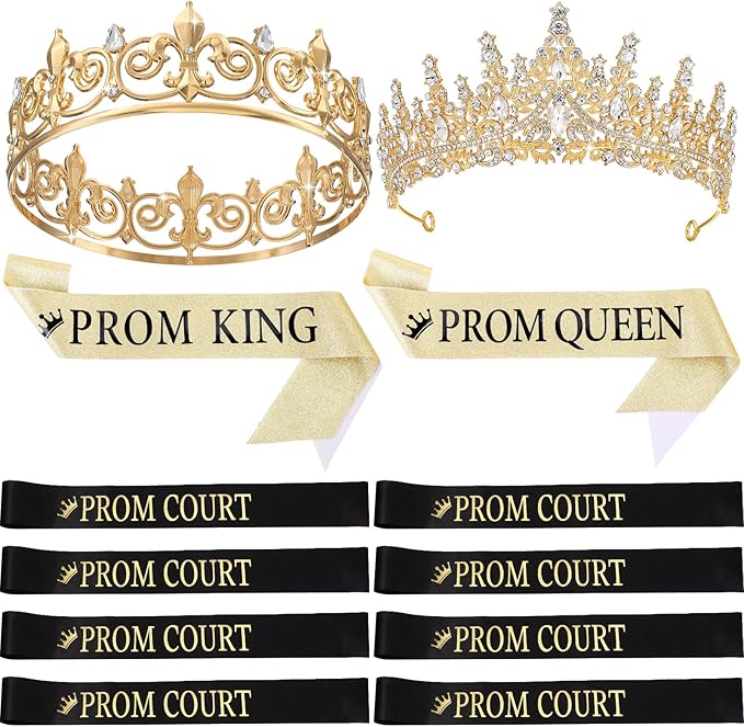 Saintrygo 12 Pcs Prom Crown and Sash Set, Prom King and Queen Tiara Rhinestone Crown Glitter Court Royal Satin Sash for 2026 Graduation Ball Dance Night Party Birthday Accessory(Gold,Classic)