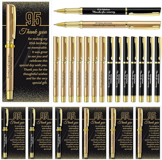 Feifeiya 50 Set 95th Birthday Party Favor for Guest Anniversary Party Favor with Black and Gold Ballpoint Pens and Thank You Cards for Women Men Birthday Anniversary Appreciation Gifts