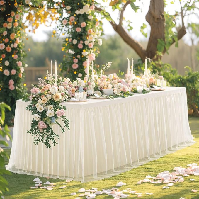 4 Pack Champagne Table Cloth for 8 Foot Rectangle Tables, Stretch Fitted Tulle Table Covers Skirt, Rectangular Ruffle Tutu Tablecloth Wedding Banquet Baby Shower Cake Tablecloths Decorations